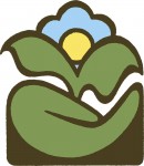 The CVGSS Logo, stylized hand holding a plant, blue flower with yellow centre, also looks like sun in the sky
